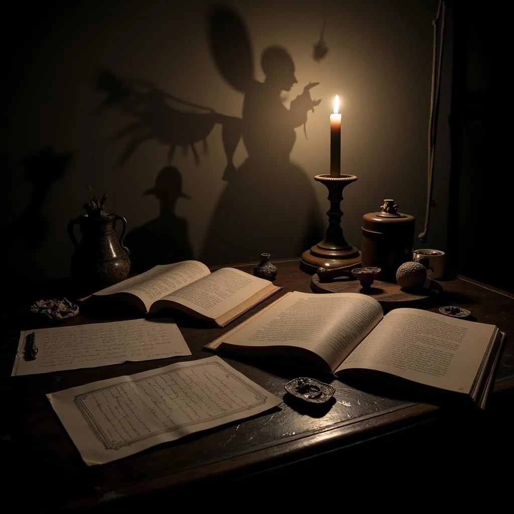 Paranormal research notes scattered on a table, illuminated by a dim light