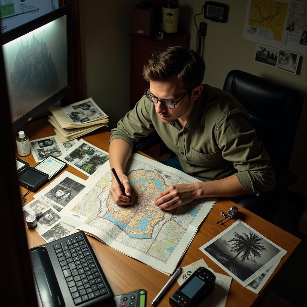 Paranormal research specialist meticulously planning an investigation