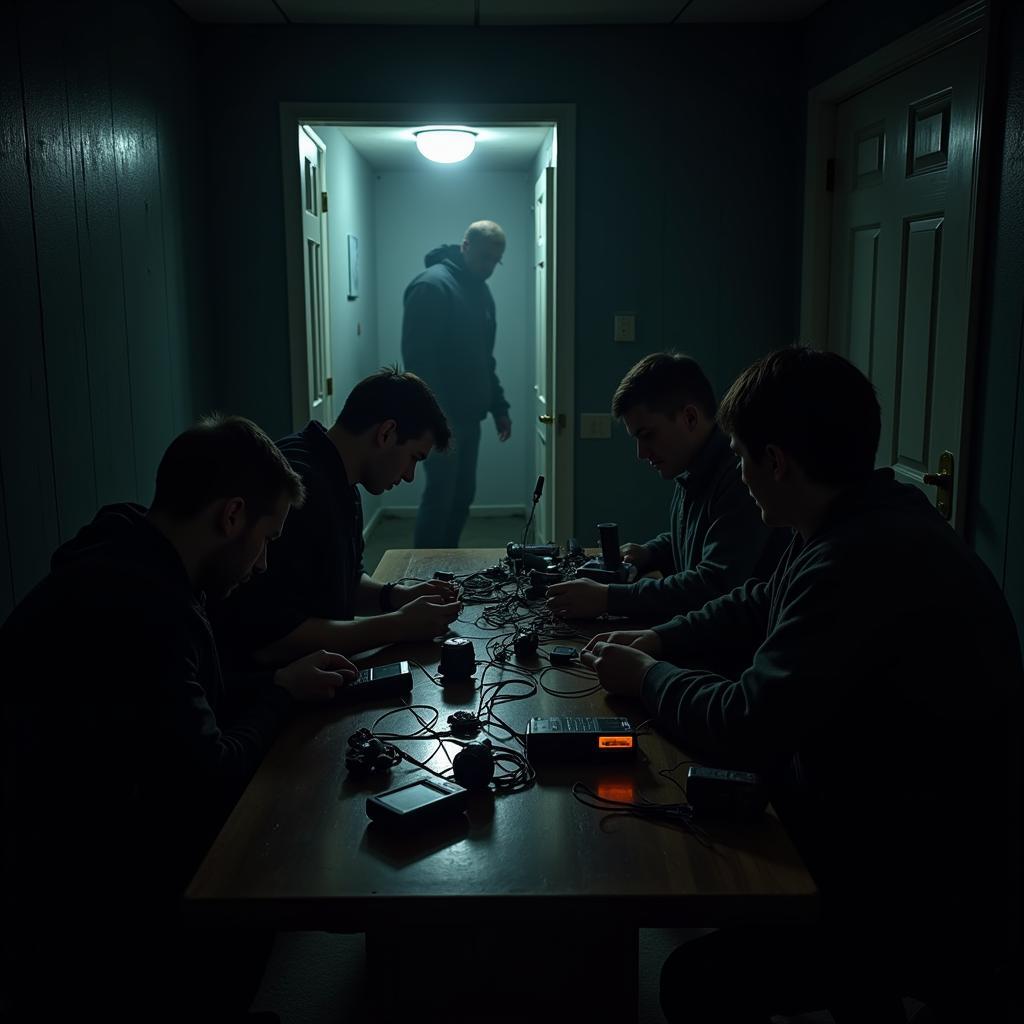 A team of paranormal researchers setting up equipment in a dimly lit location.