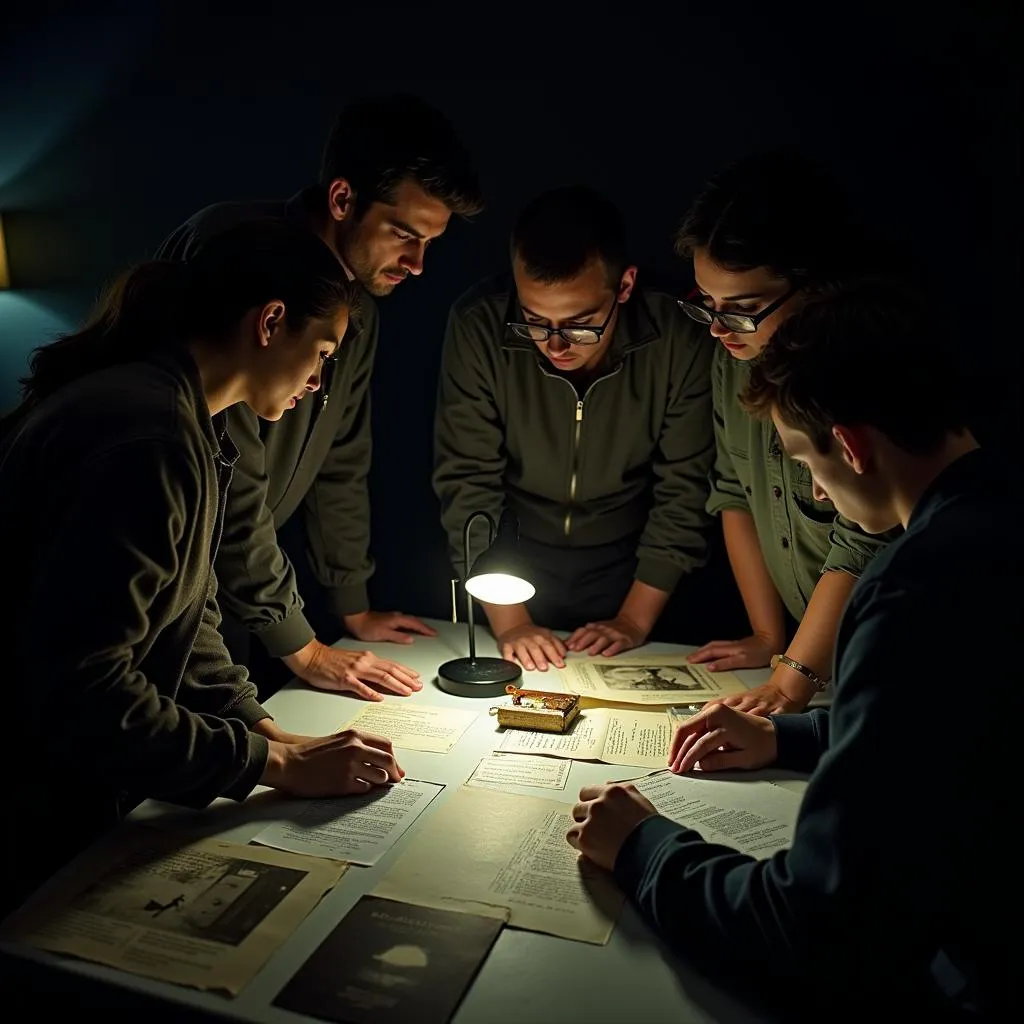 Team reviewing evidence in a dimly lit room