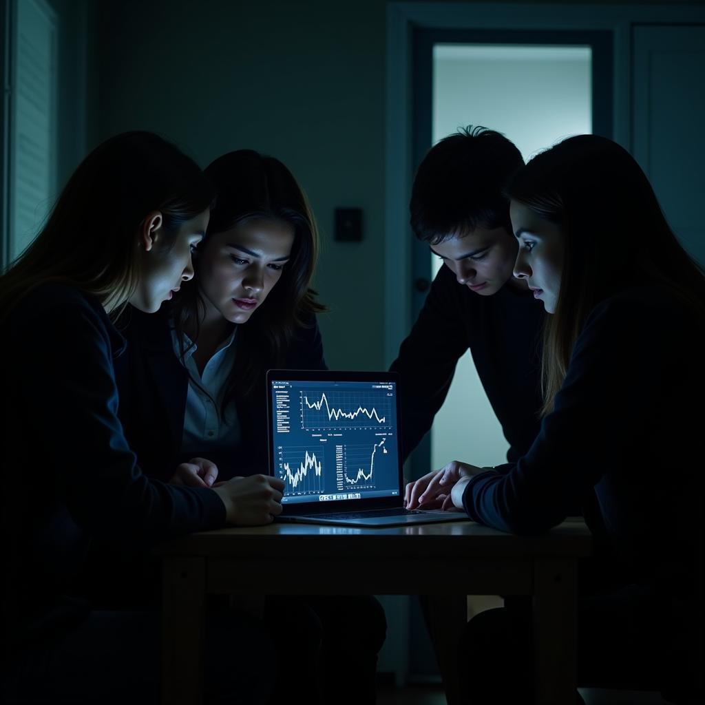 A group of paranormal researchers huddle around a laptop, examining data