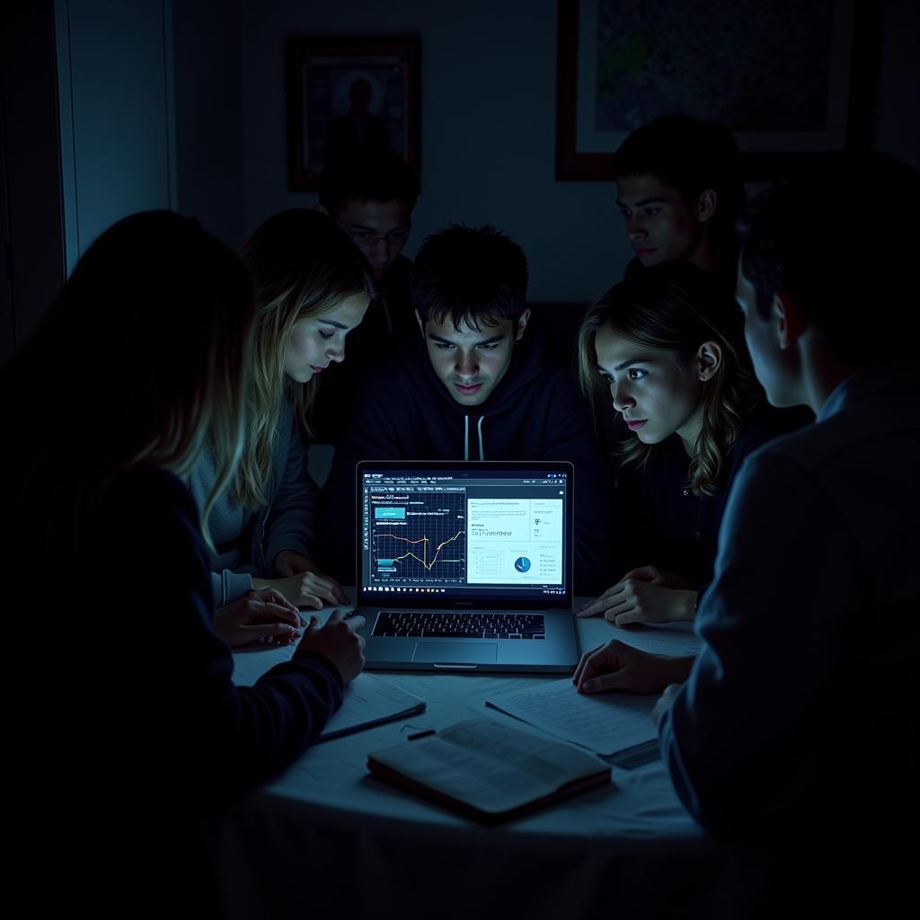 Paranormal research team analyzing data on a laptop