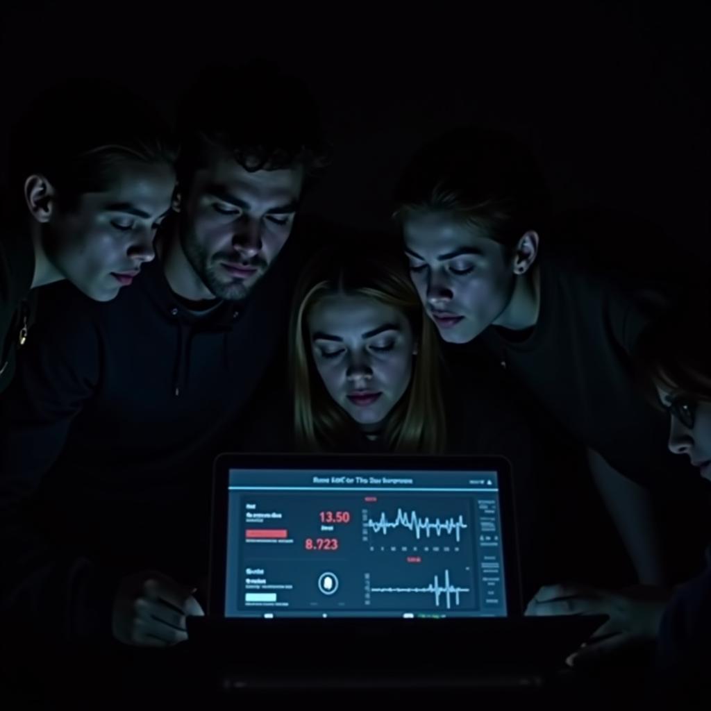 A team of paranormal researchers analyze data on a laptop in a dimly lit room.