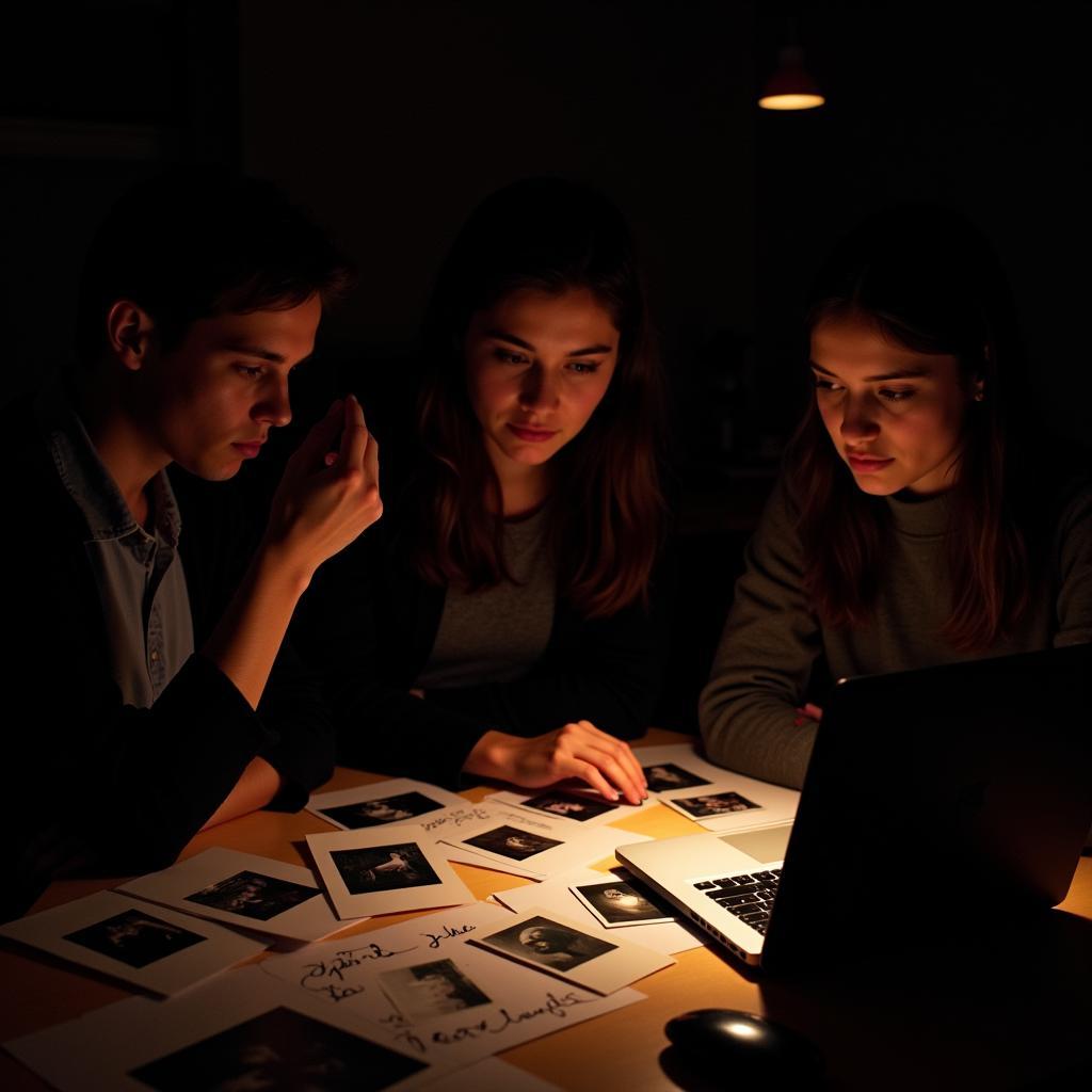 A team of paranormal researchers huddled around a table, reviewing evidence collected during an investigation involving prisms.