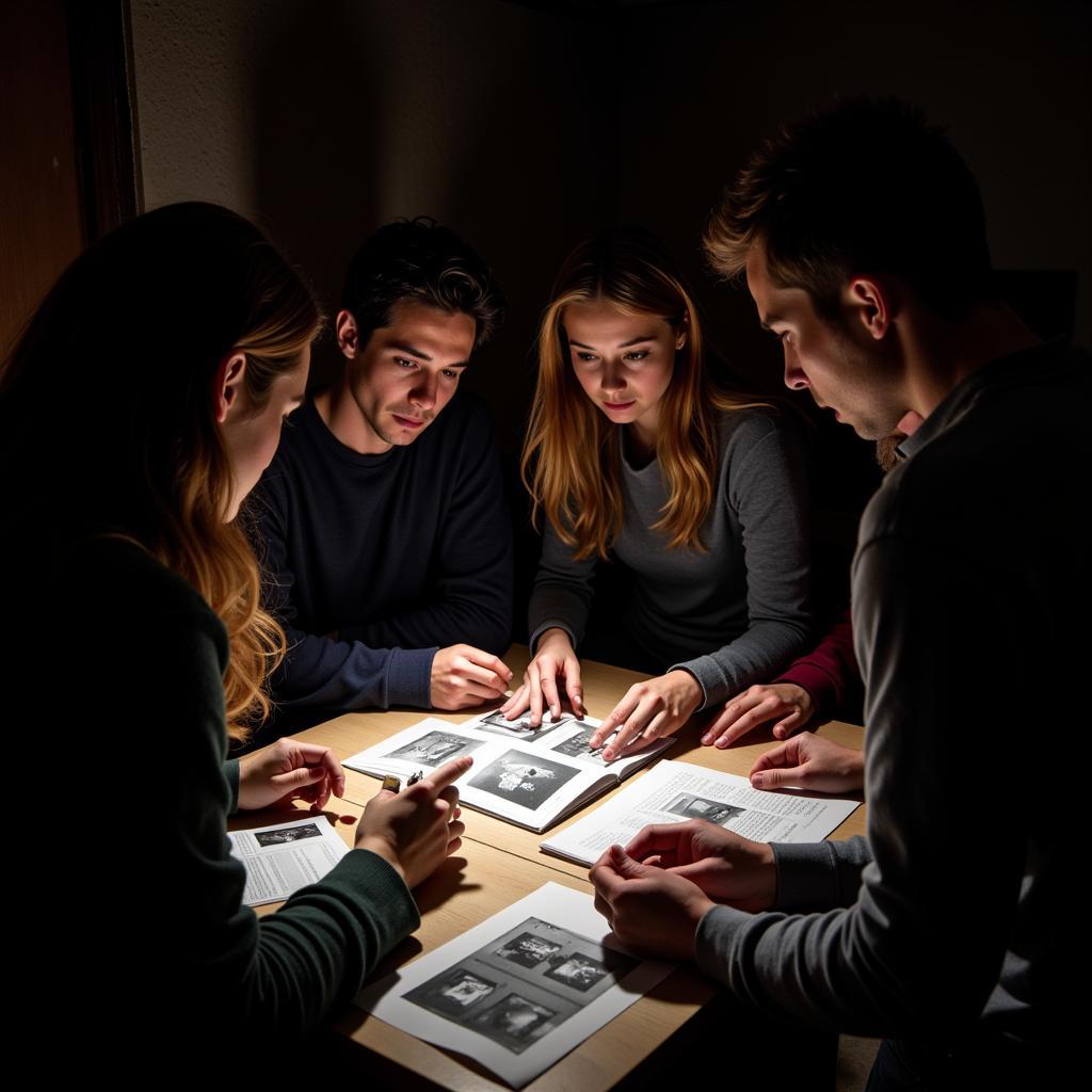 Paranormal research team analyzing evidence