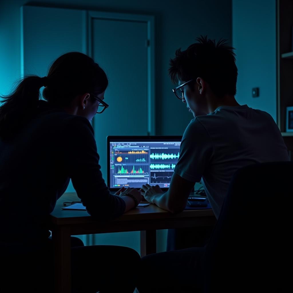  A team of paranormal researchers huddled around a laptop, analyzing data from their investigation.