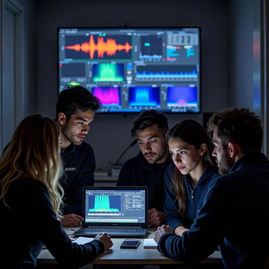 A paranormal investigation team reviewing data