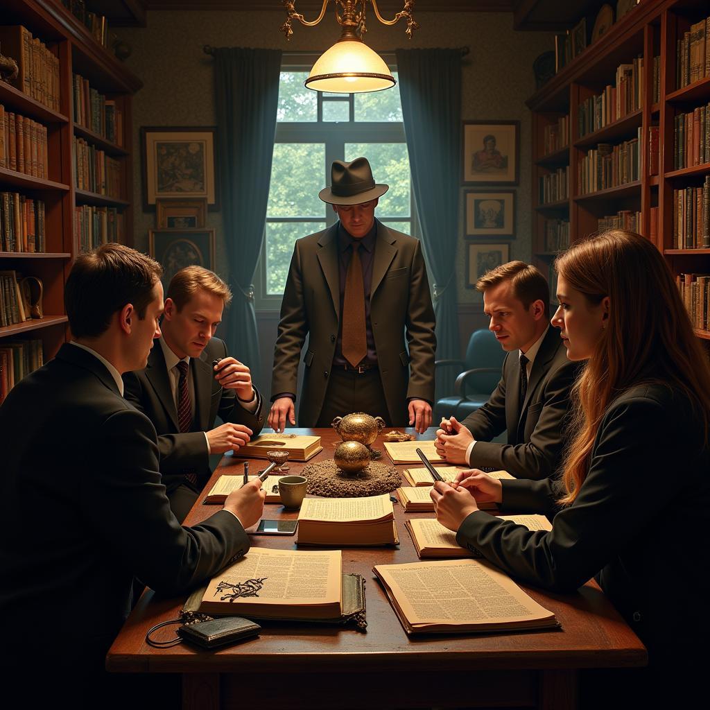 A diverse group of individuals engaged in a lively discussion around a table, surrounded by books, maps, and strange artifacts.