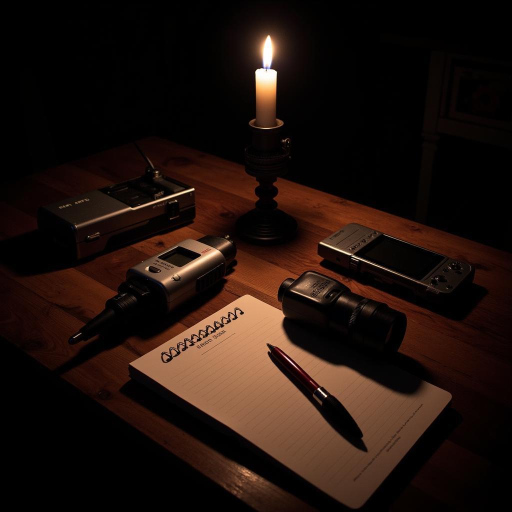 Paranormal investigation tools on a wooden table