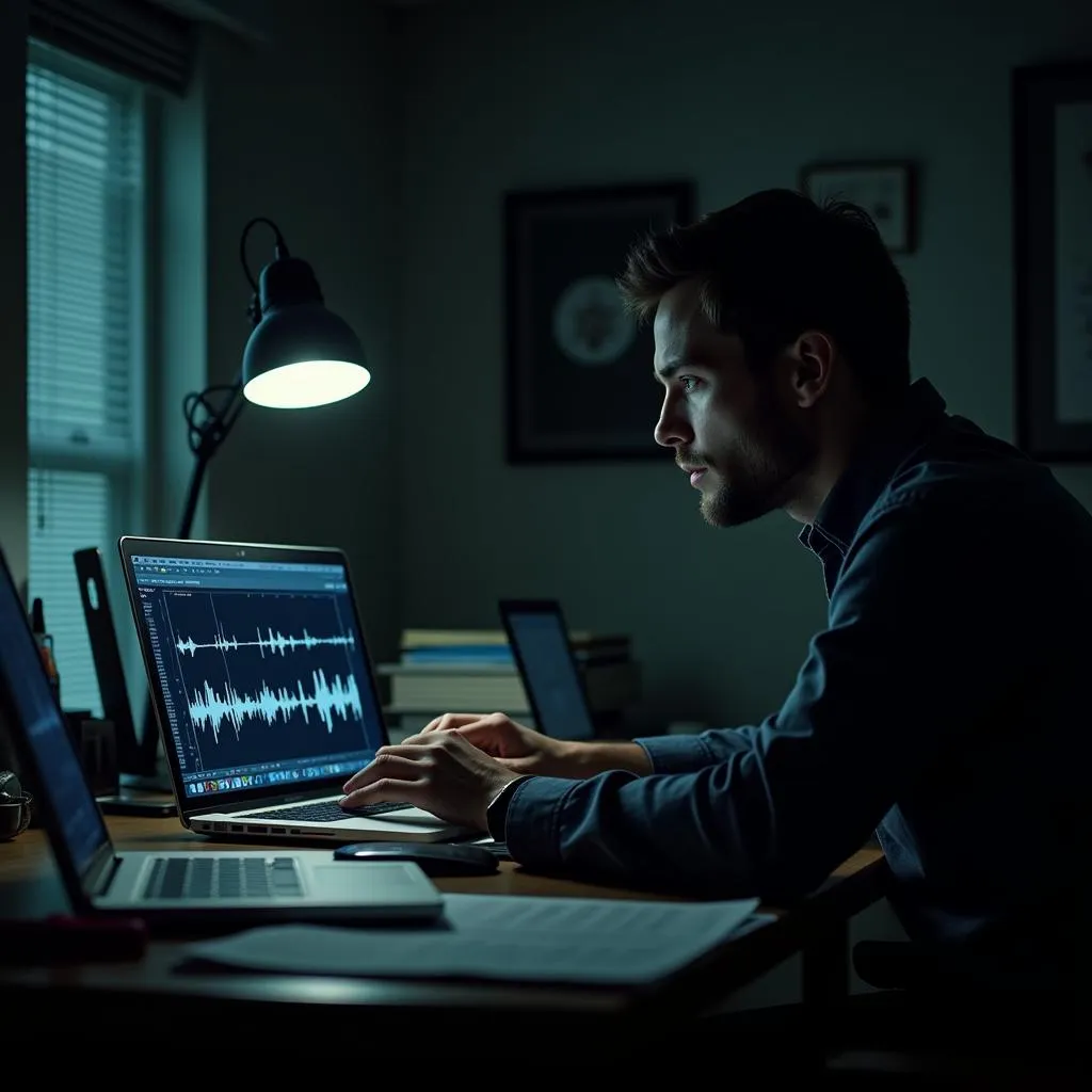 Paranormal Researcher Analyzing Data on Laptop