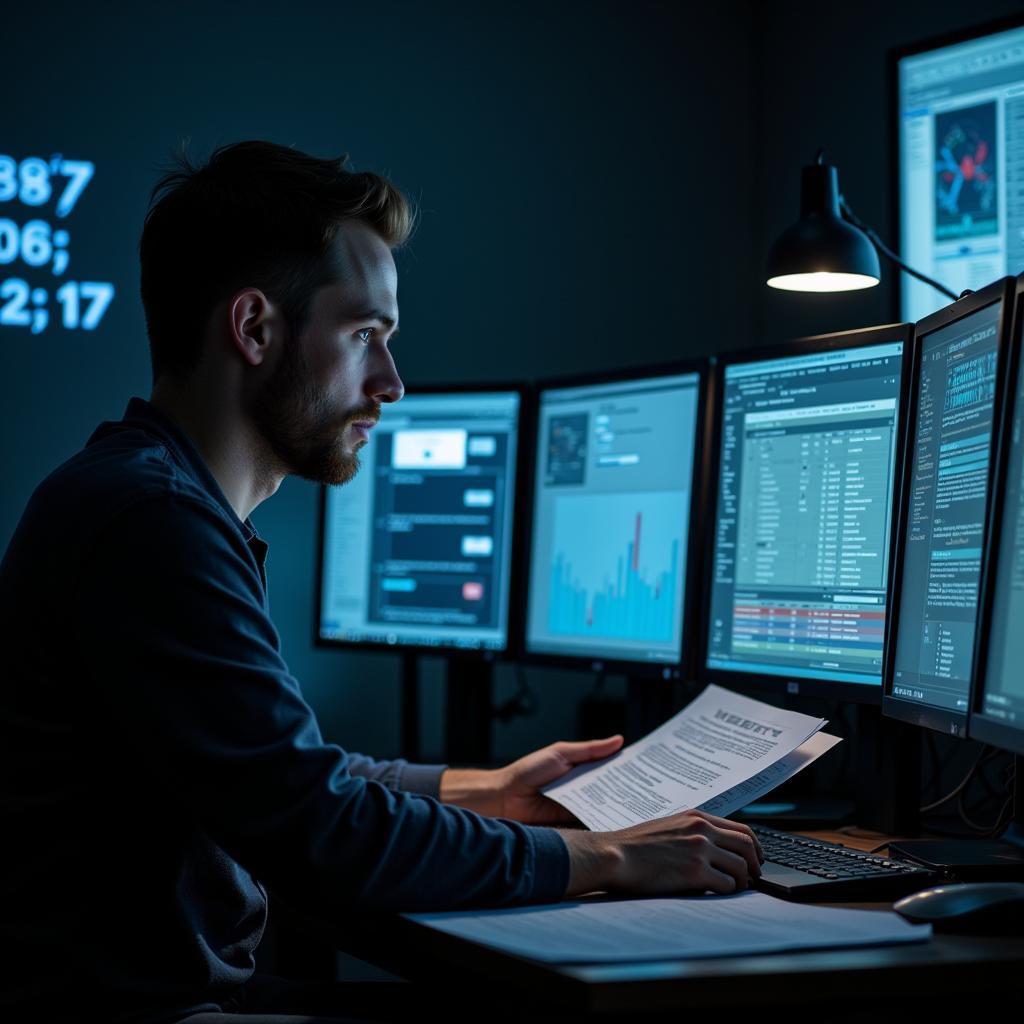 Paranormal researcher studying documents and computer screens.