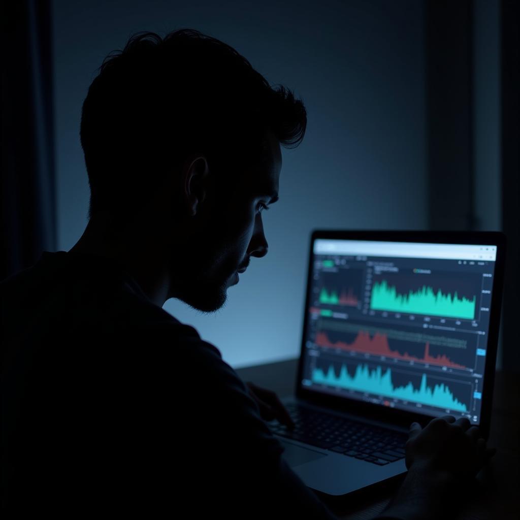 A paranormal researcher analyzing data on a laptop in a dimly lit room