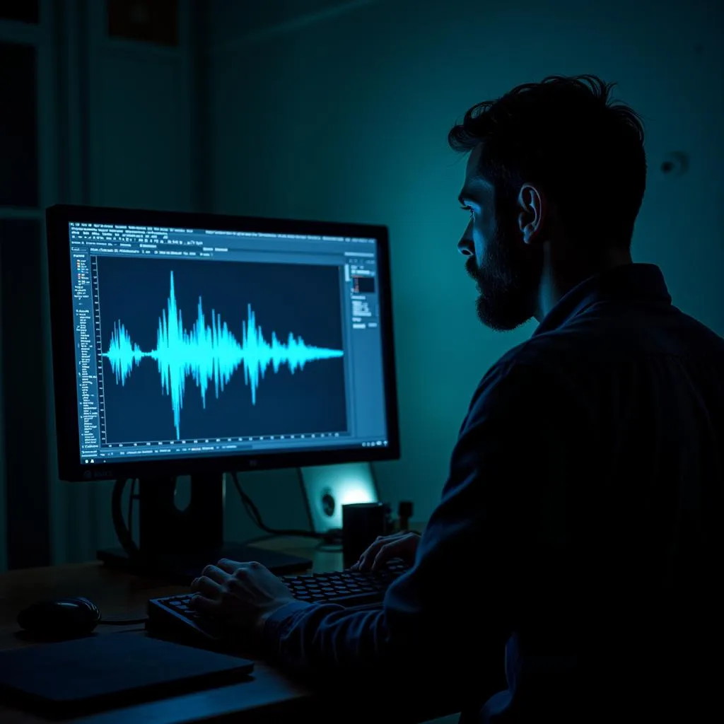 Paranormal researcher analyzing EVP recordings on a computer.