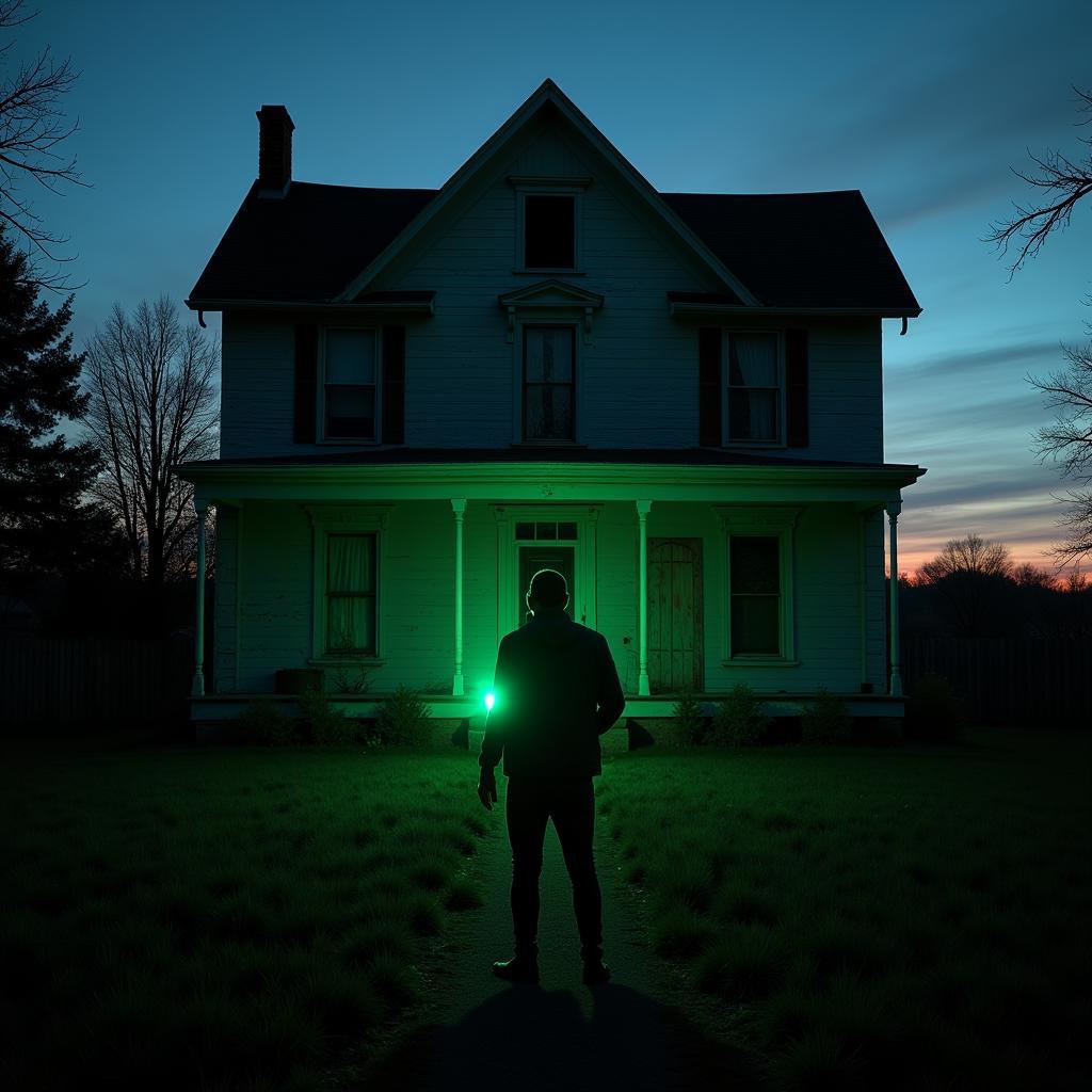 A lone paranormal researcher with an EMF reader cautiously examines the exterior of a dilapidated, abandoned house