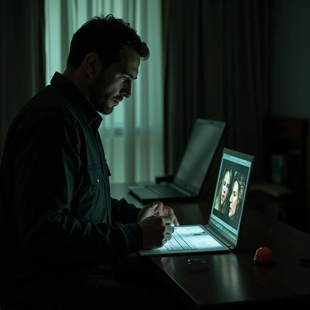 A paranormal researcher with a magnifying glass examining a photograph