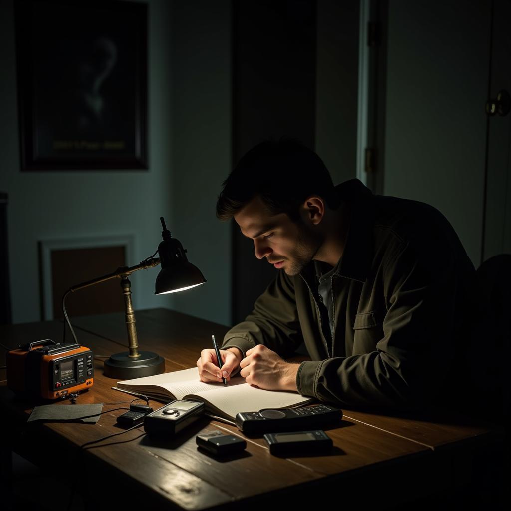 Paranormal researcher meticulously documenting findings in a dimly lit room