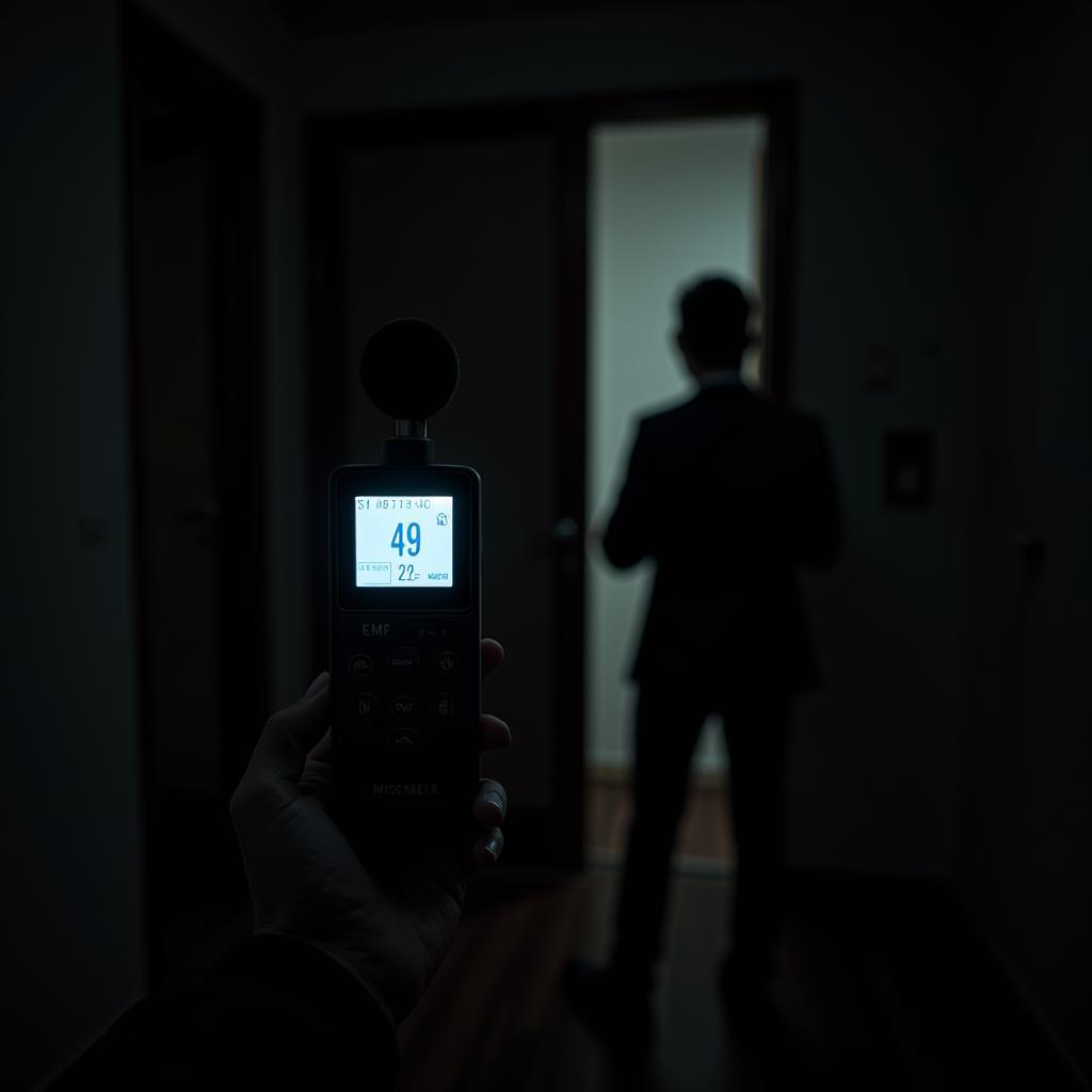 A paranormal researcher uses an EMF meter from the Amp Research Smart Series in a dimly lit room.