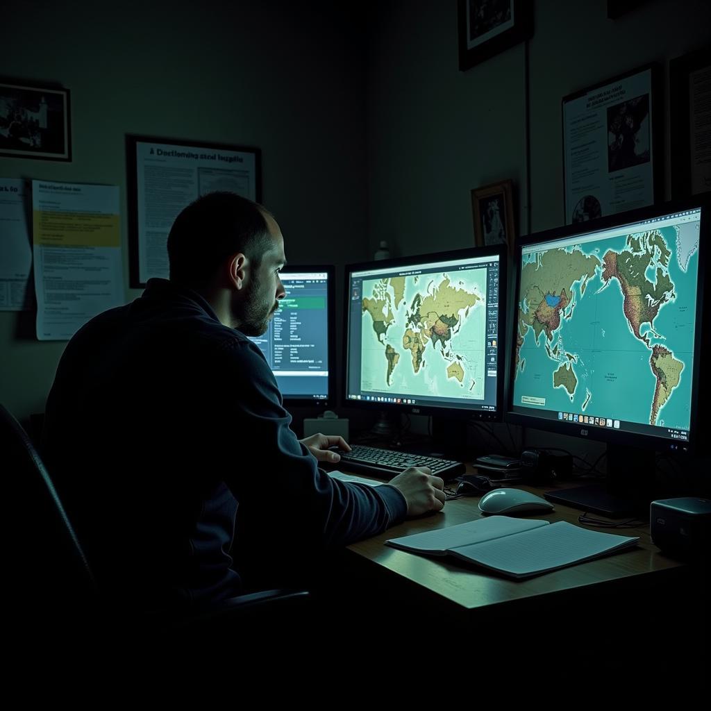 Paranormal researcher analyzing data on a computer