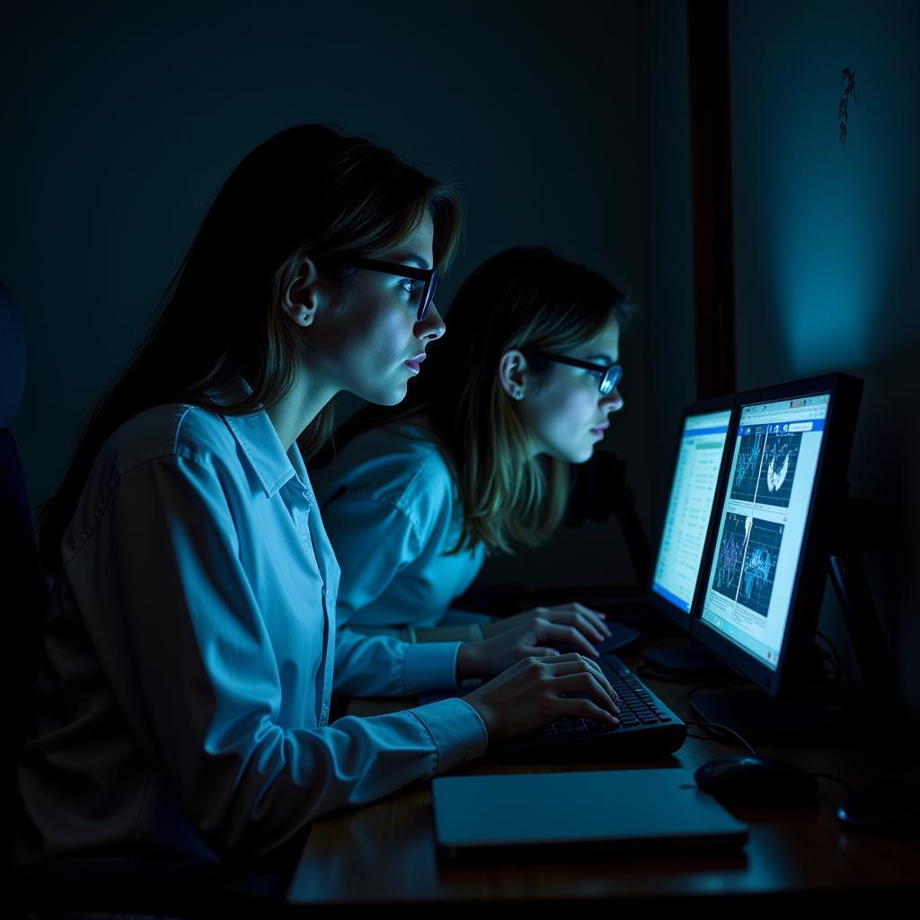 Researchers analyzing data in a lab