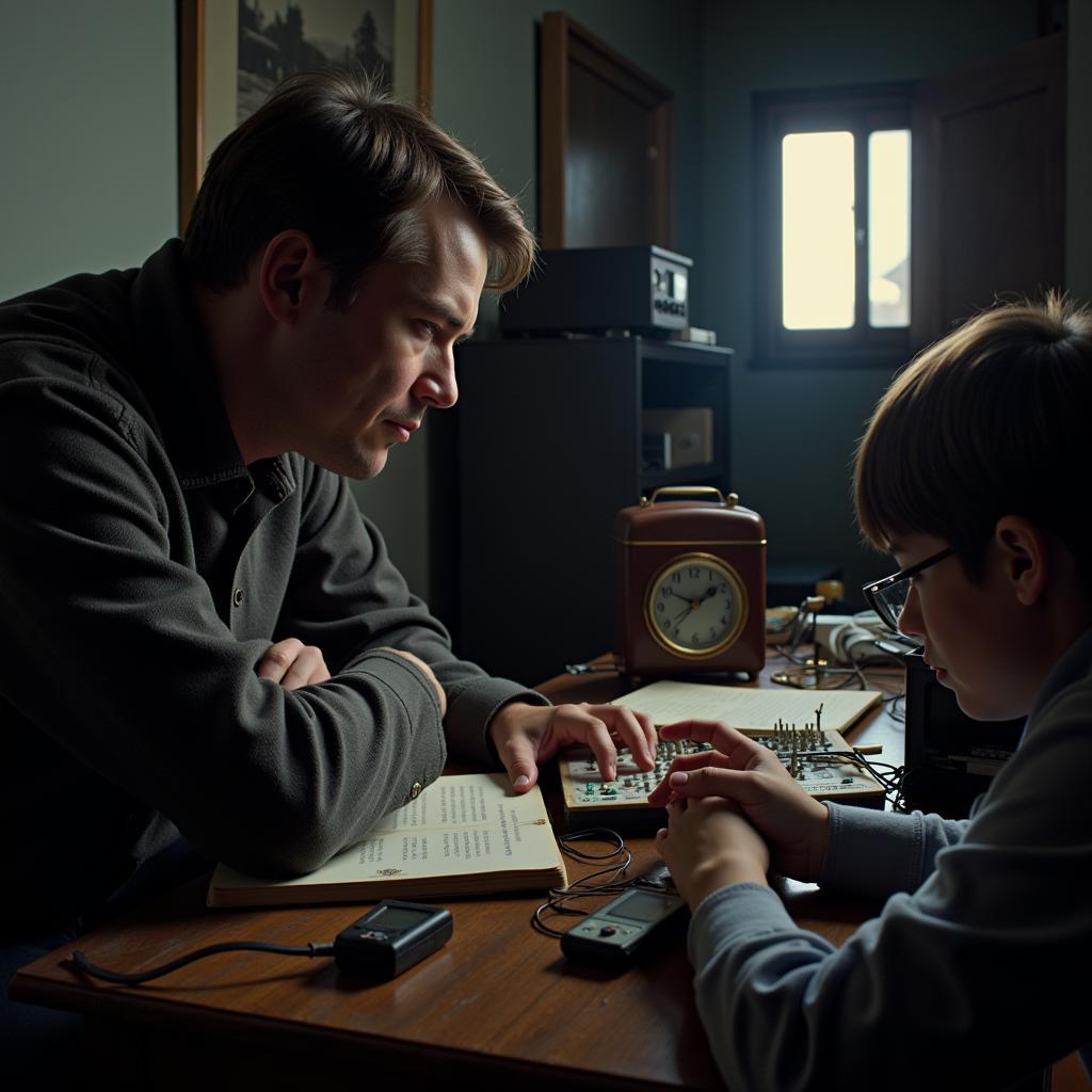 Paranormal investigators using scientific equipment to debunk myths surrounding the Emerson Research alarm clock.