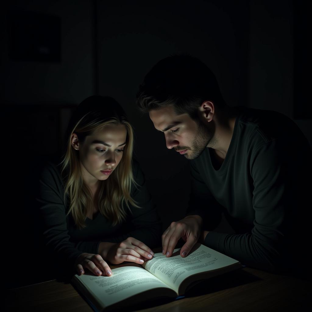 Two paranormal researchers huddled over a laptop, analyzing audio recordings with focused expressions.