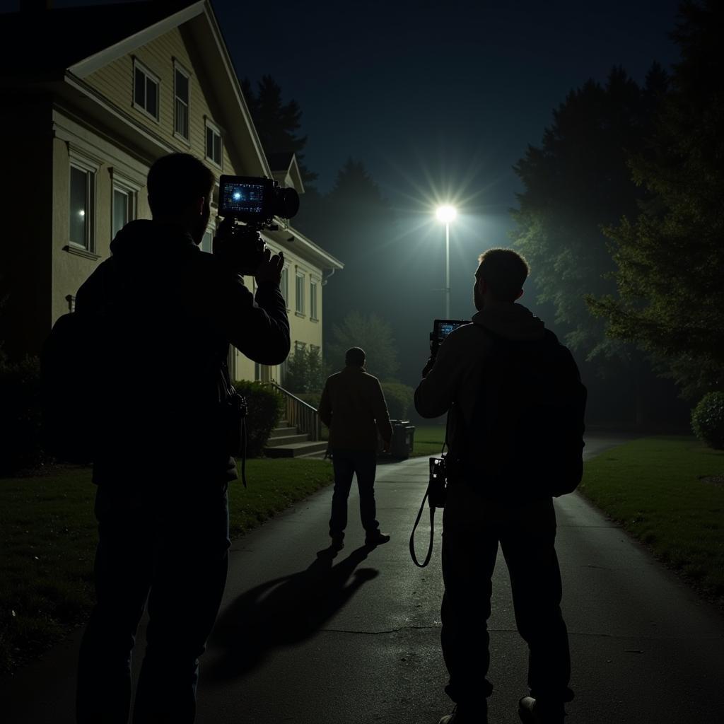  Two figures silhouetted against a darkened hallway, one holding a flashlight and the other adjusting a camera mounted on a tripod.