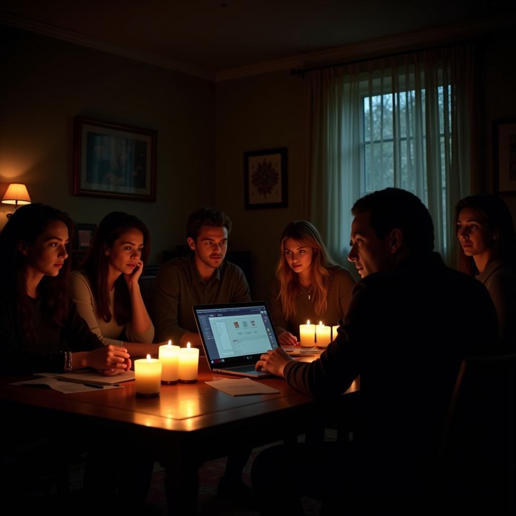 Group of paranormal researchers meeting in a dimly lit room