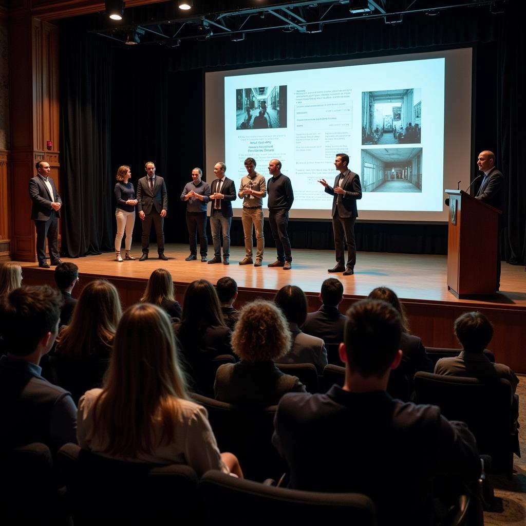 Paranormal researchers presenting their findings at a conference