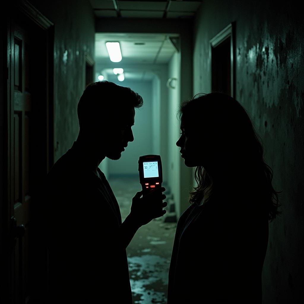 Paranormal researchers taking EMF readings during an investigation