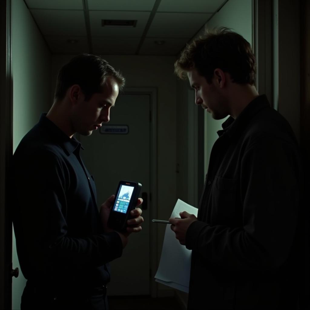 Paranormal researchers using an EMF reader in a darkened room