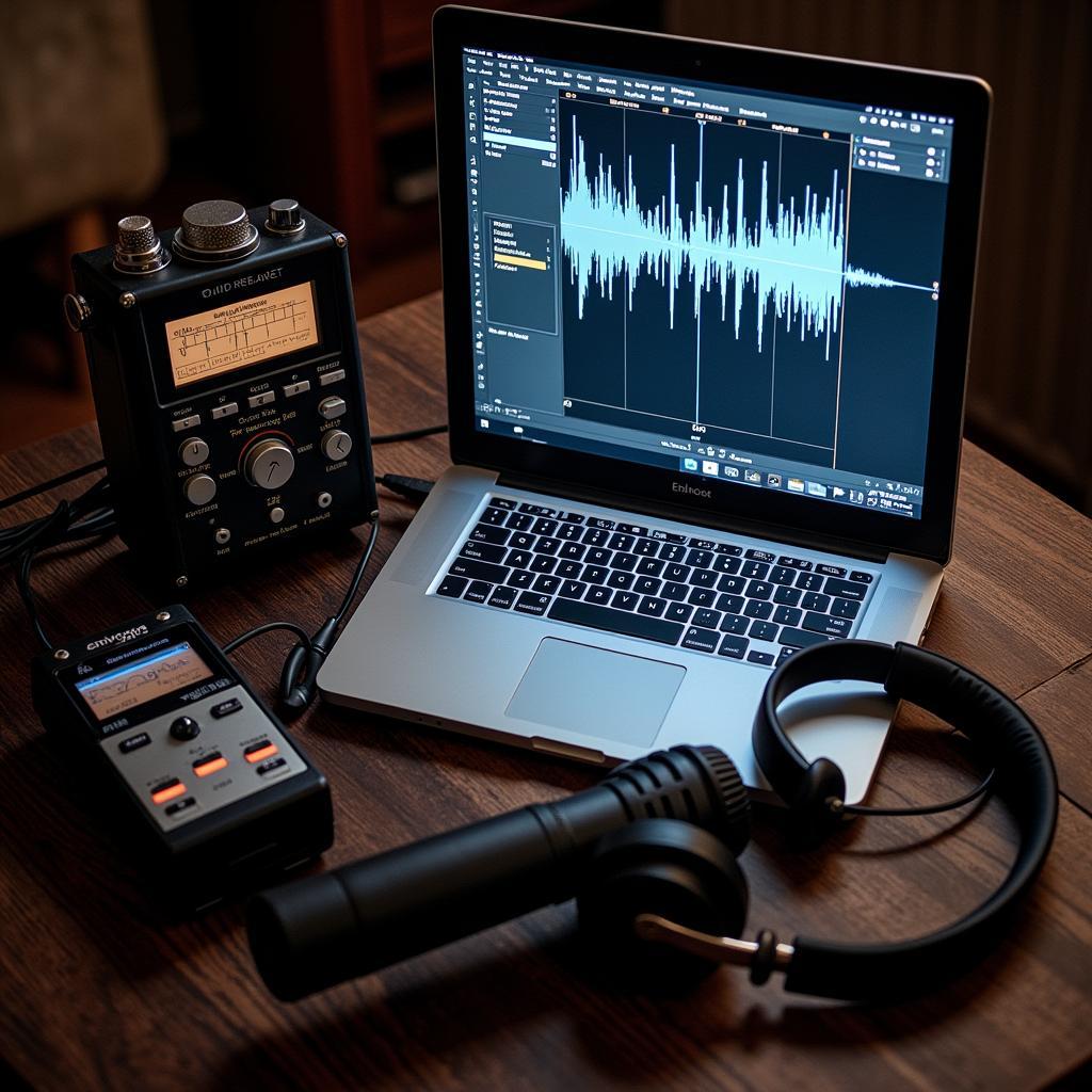 Paranormal Sound Research Equipment: Microphones, recorders, and software for analyzing audio data in paranormal investigations.