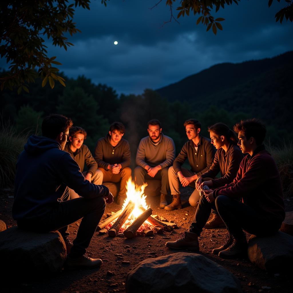 Group of people sharing stories around a campfire