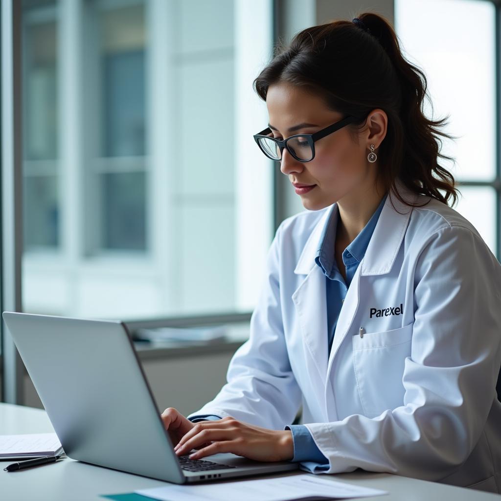 Parexel CRA reviewing patient data on a laptop