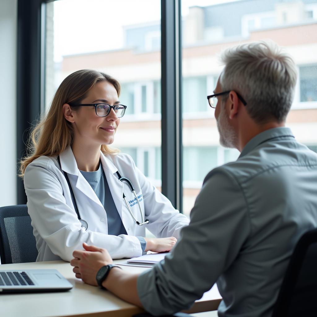 A patient consulting with a doctor in a clinical research center