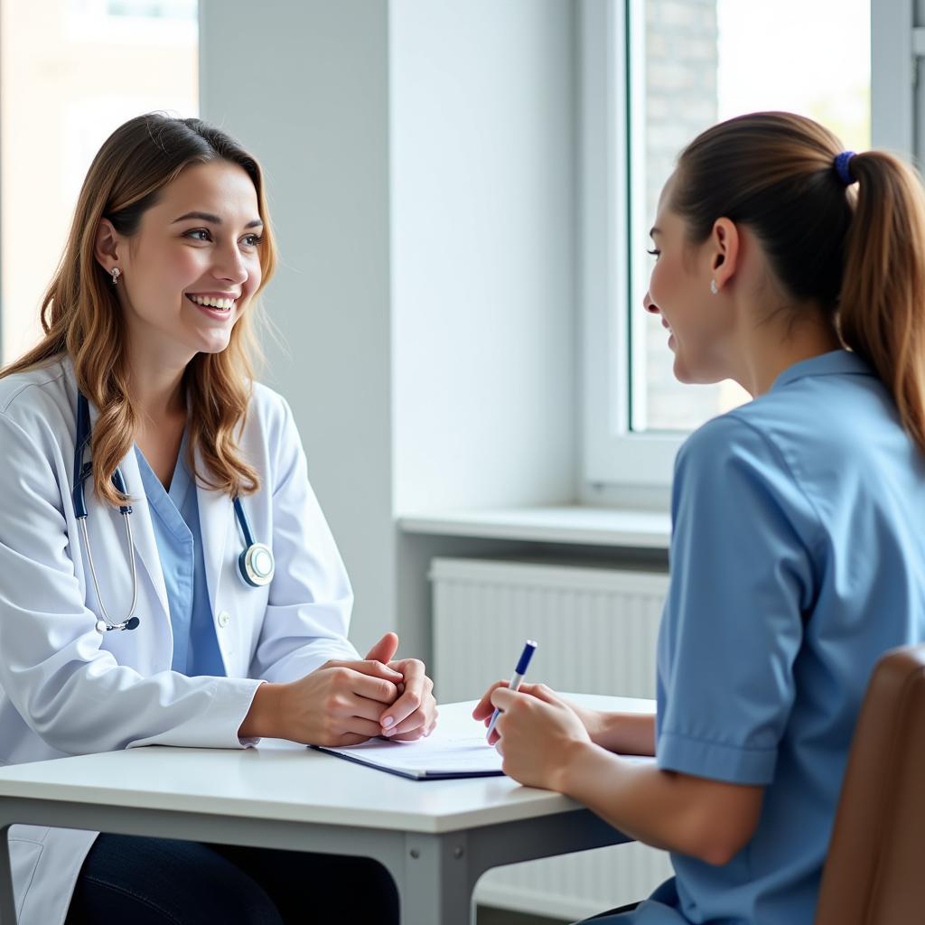 A patient and doctor discuss a clinical trial in a bright, welcoming office.