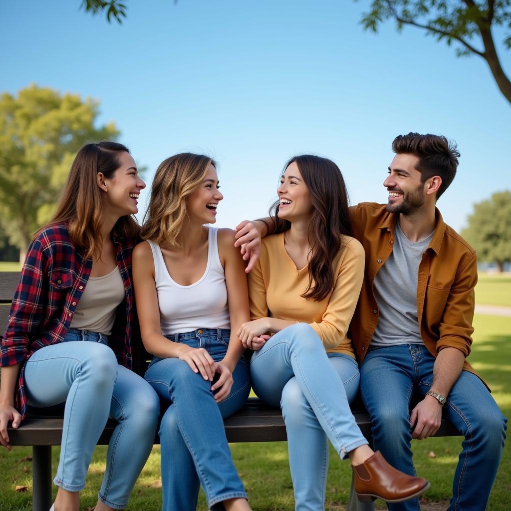 Individuals laughing and engaging in conversation in a park setting.