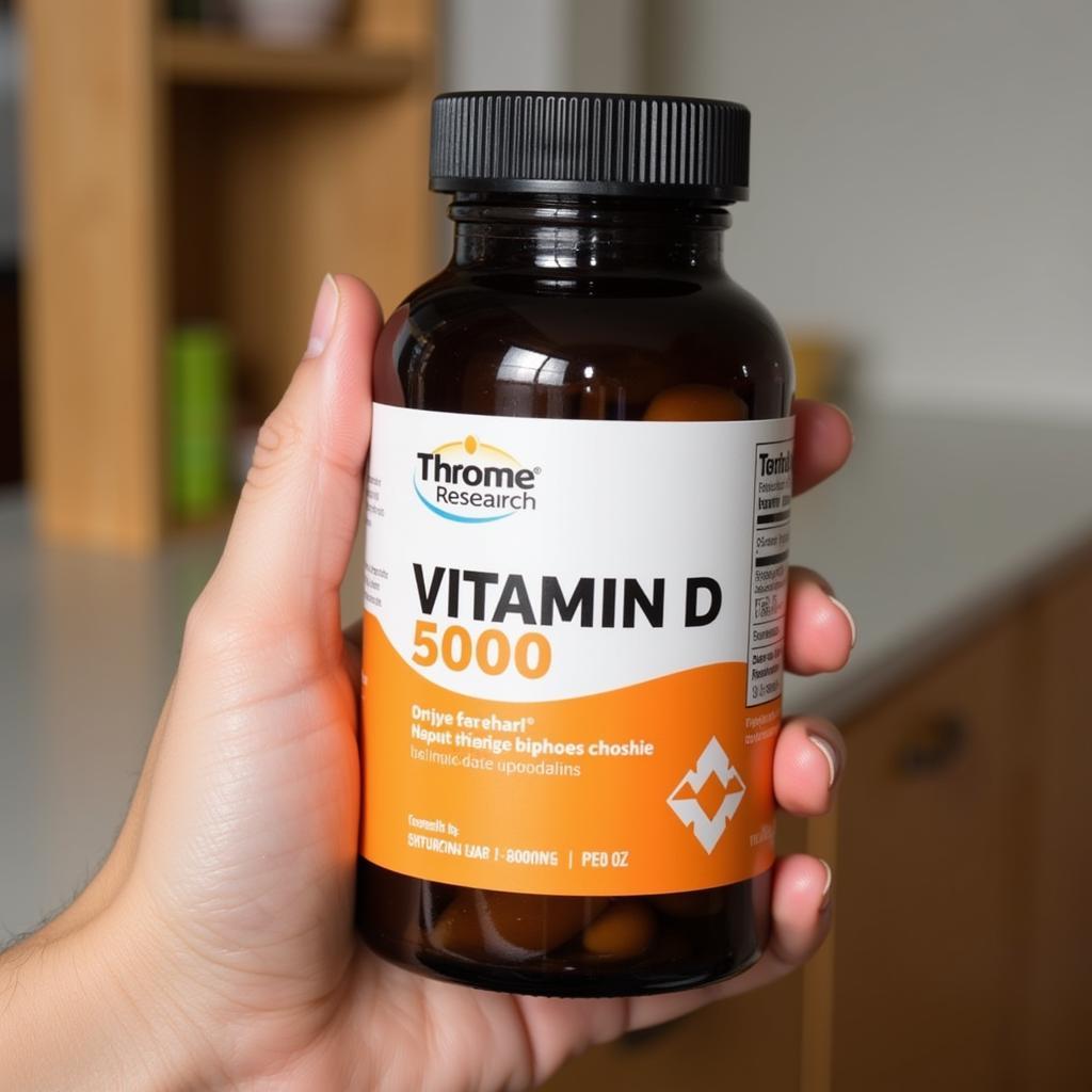 Person holding a bottle of Thorne Research Vitamin D 5000