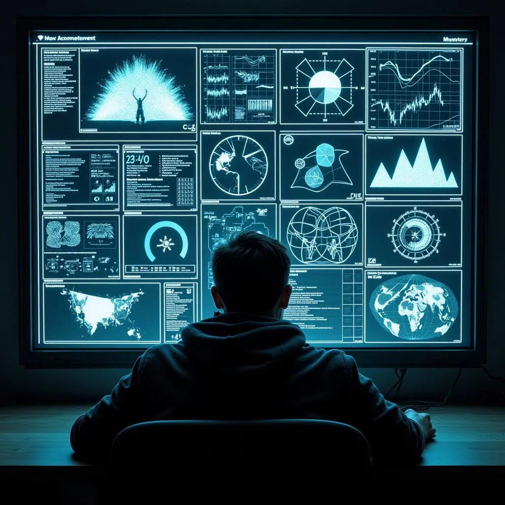 Person Silhouetted Against a Computer Screen with Complex Data