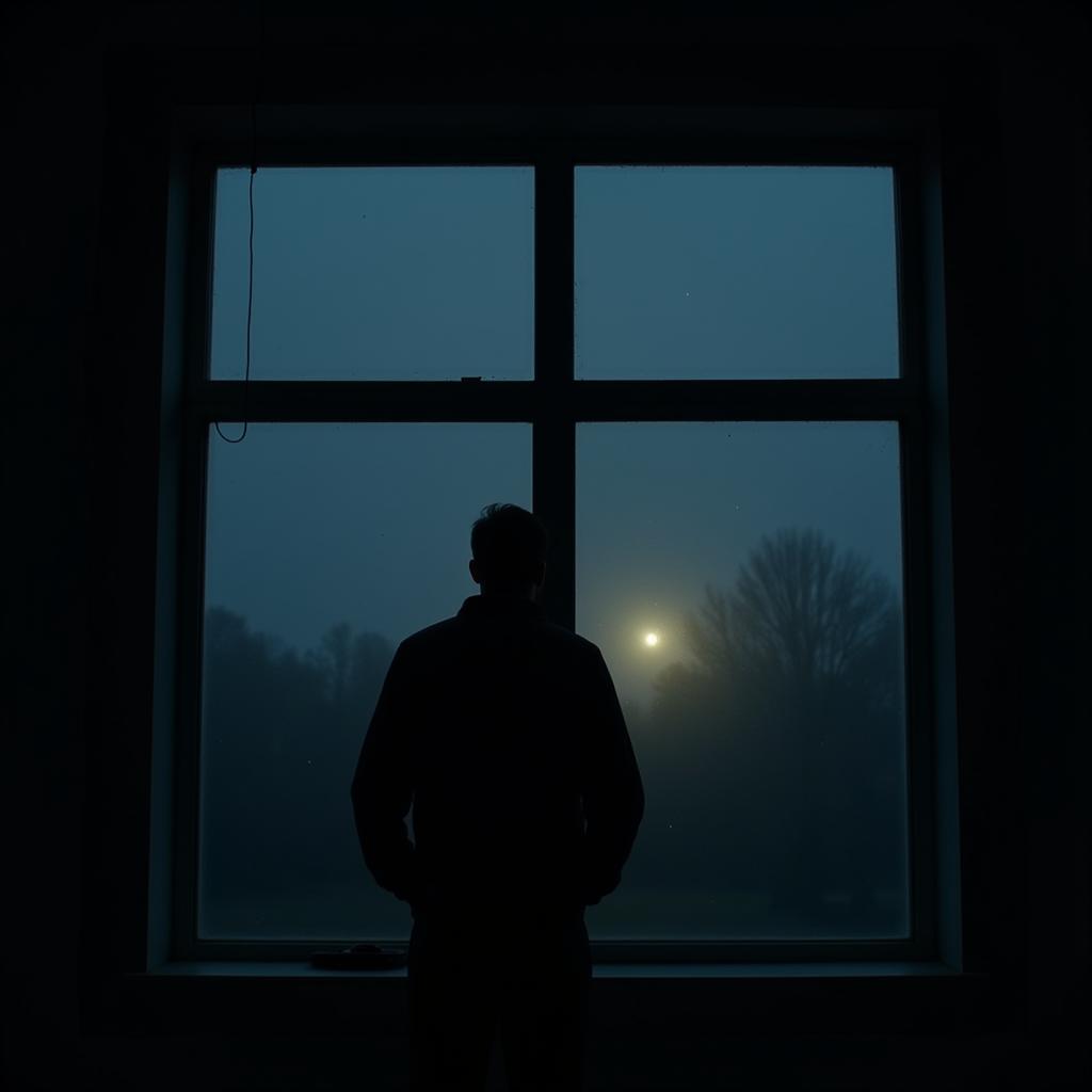 Personal Experience in Paranormal Research: A figure stands silhouetted against a window, gazing at a mysterious light in the distance. This represents the subjective nature of personal experiences and their role as a catalyst for paranormal research.