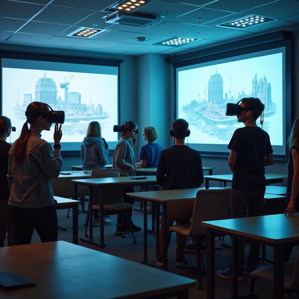 Students using VR headsets in a personalized learning environment