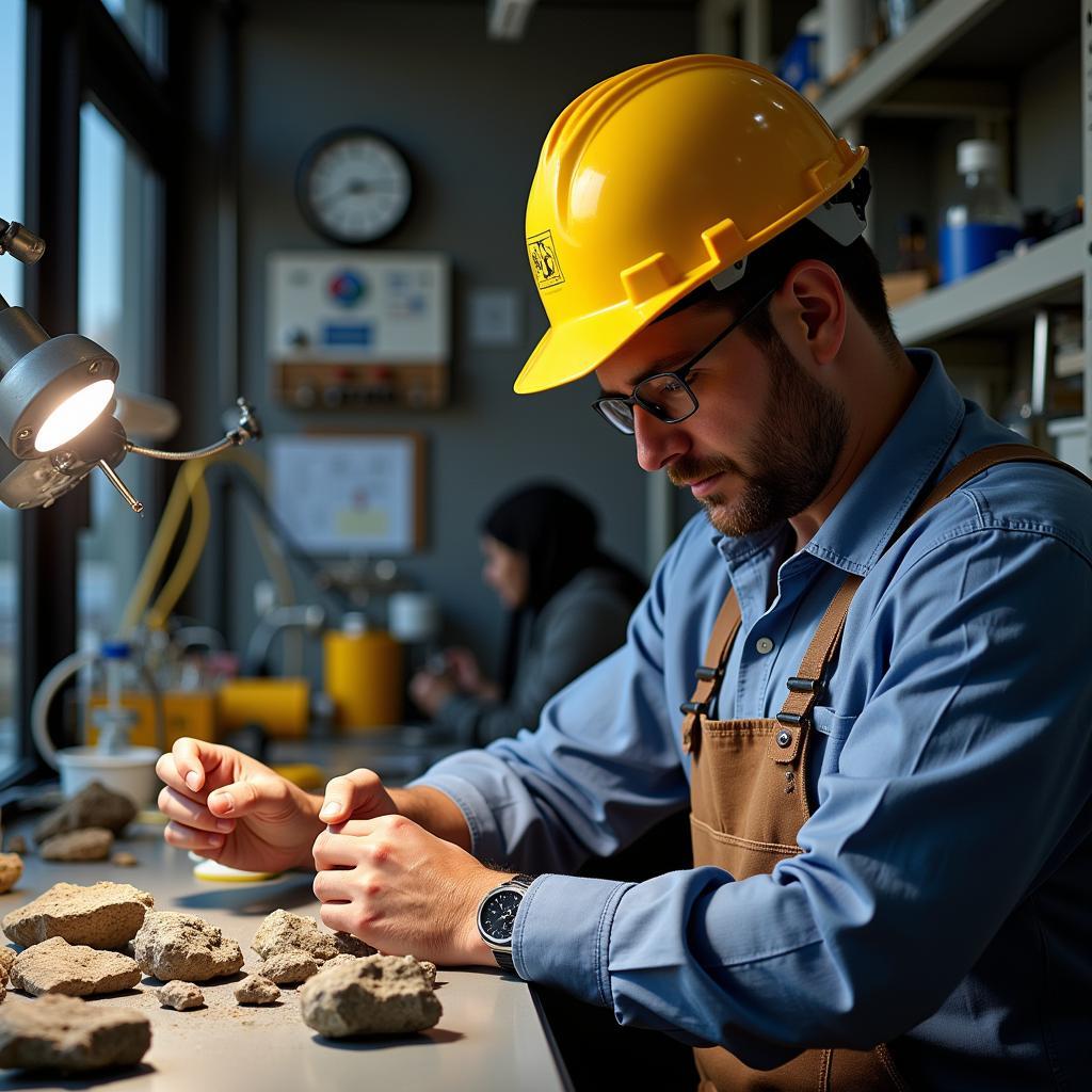 Petroleum Geologist Examining Rock Samples