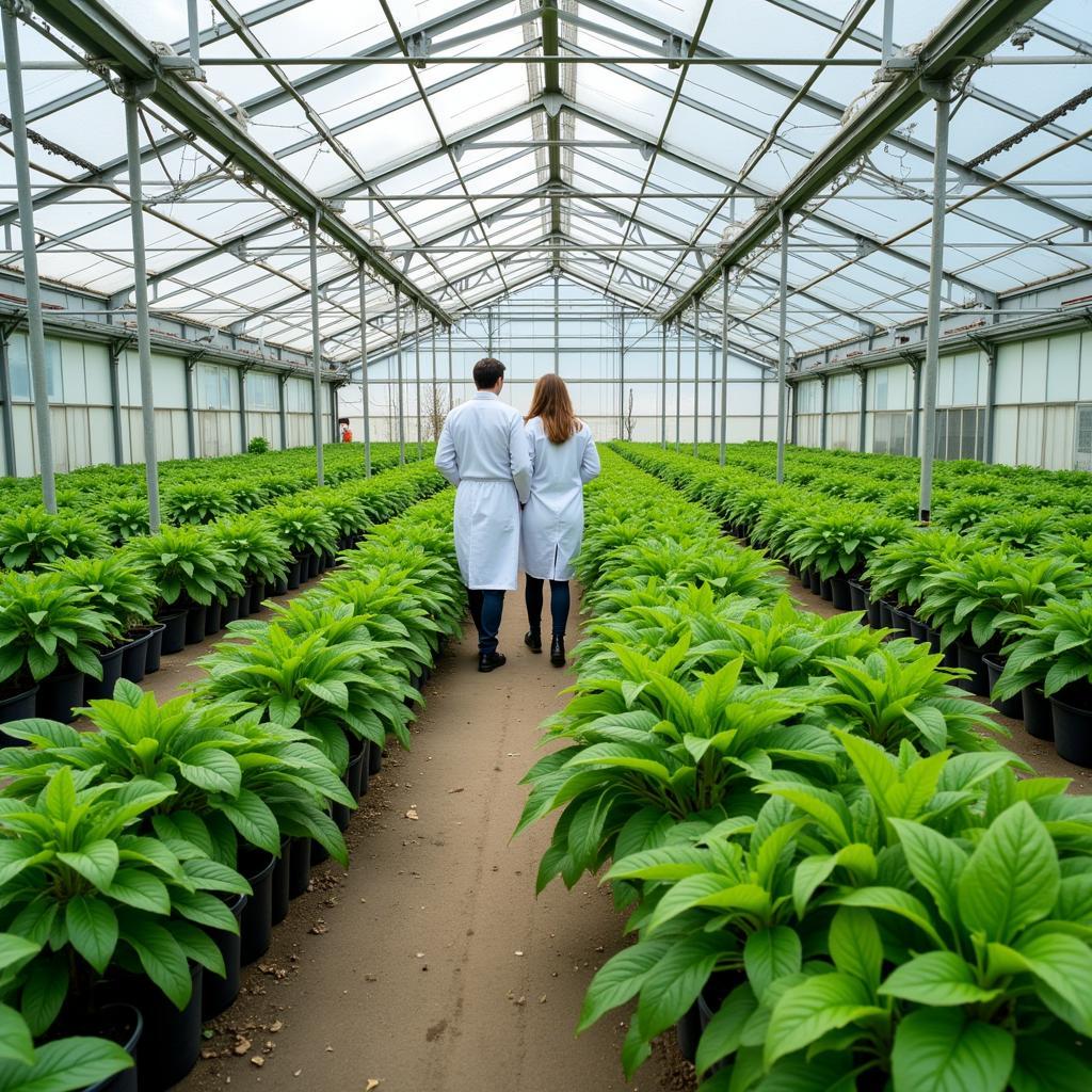 A sprawling greenhouse bathed in sunlight, housing a diverse collection of plants under the watchful eyes of Pfizer researchers