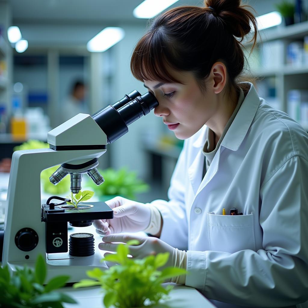 Pfizer plant research scientist meticulously examining a plant specimen under a microscope