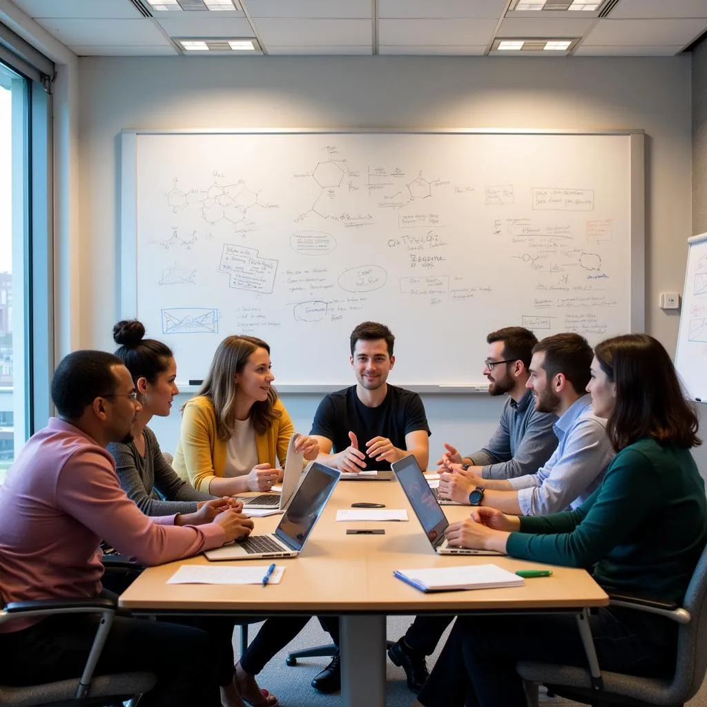 Pharmacology research team collaborating in a meeting room