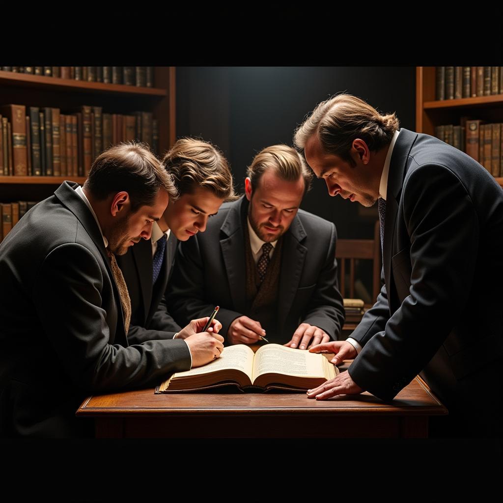 A team of investigators from Pharpoint Research Inc. examining an old, dusty book in a dimly lit room