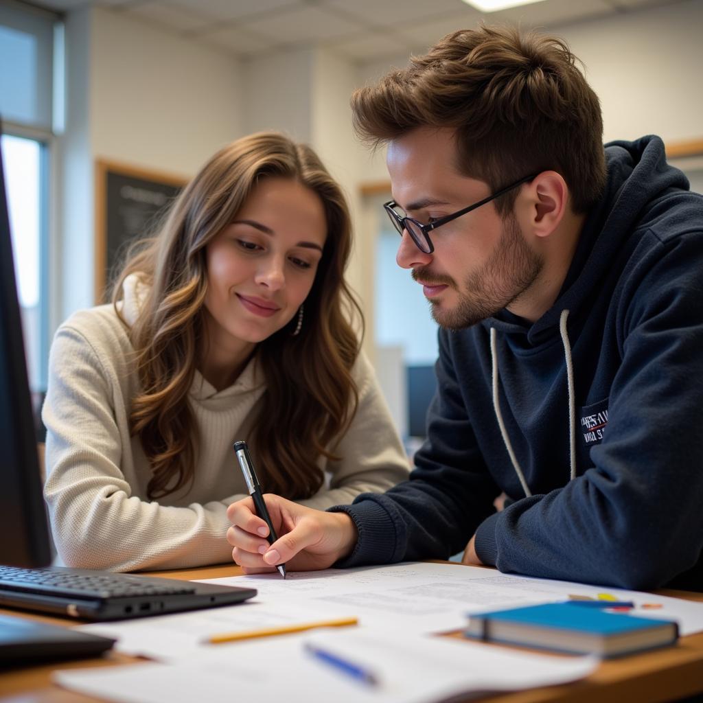 PhD student engrossed in research with mentor's guidance