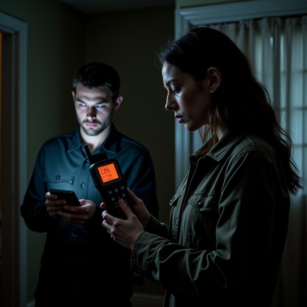 Paranormal researchers checking equipment during a pilot test