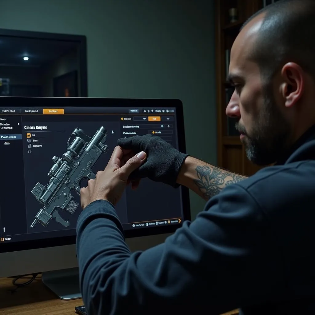 A close-up shot of a player's hands meticulously selecting weapon upgrades using a research voucher interface.