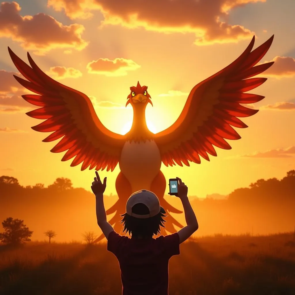  A trainer stands triumphantly before a majestic Ho-oh