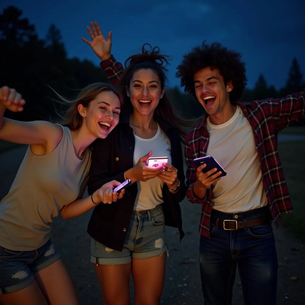  A group of friends cheer in celebration during Pokemon Go Fest